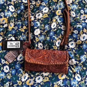 Tan Leather Embossed Crossbody Bag